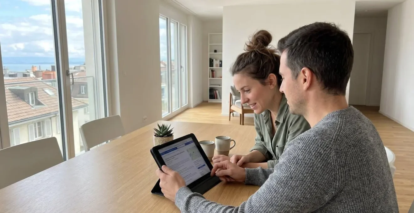Couple vu de dos consultant ensemble une tablette sur une table moderne dans un appartement lumineux contemporain