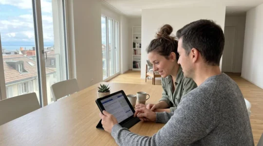Couple vu de dos consultant ensemble une tablette sur une table moderne dans un appartement lumineux contemporain