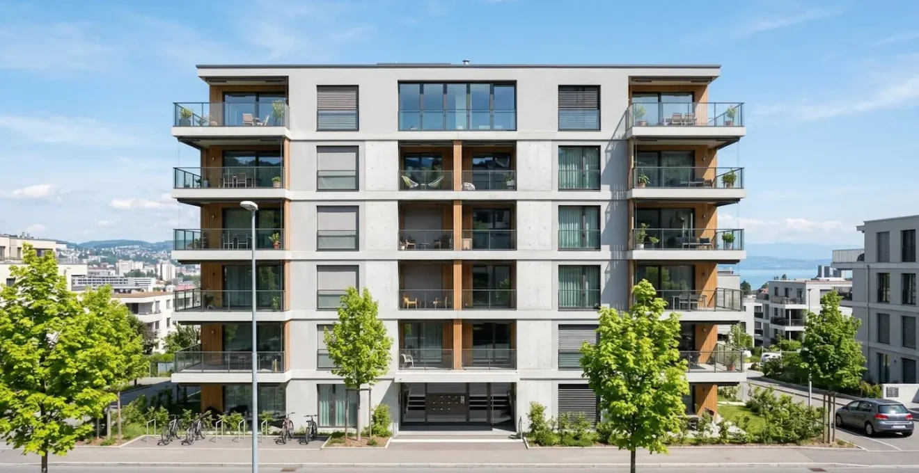 Façade d'un immeuble résidentiel moderne avec architecture contemporaine suisse sous ciel dégagé