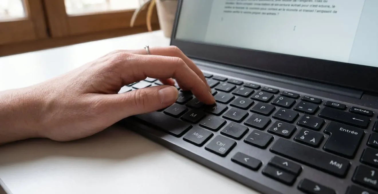 Gros plan d'une main tapant sur un clavier d'ordinateur portable moderne avec arrière-plan flouté