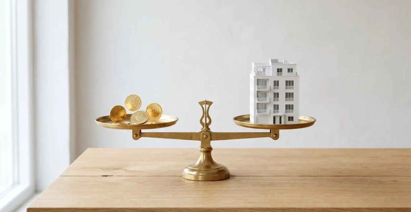 Balance en équilibre avec des pièces de monnaie d'un côté et une maquette d'immeuble de l'autre, symbolisant la stratégie du prêt in fine.