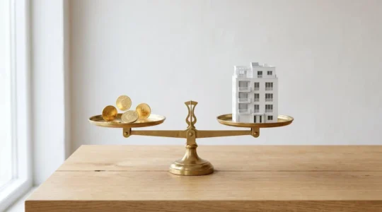 Balance en équilibre avec des pièces de monnaie d'un côté et une maquette d'immeuble de l'autre, symbolisant la stratégie du prêt in fine.