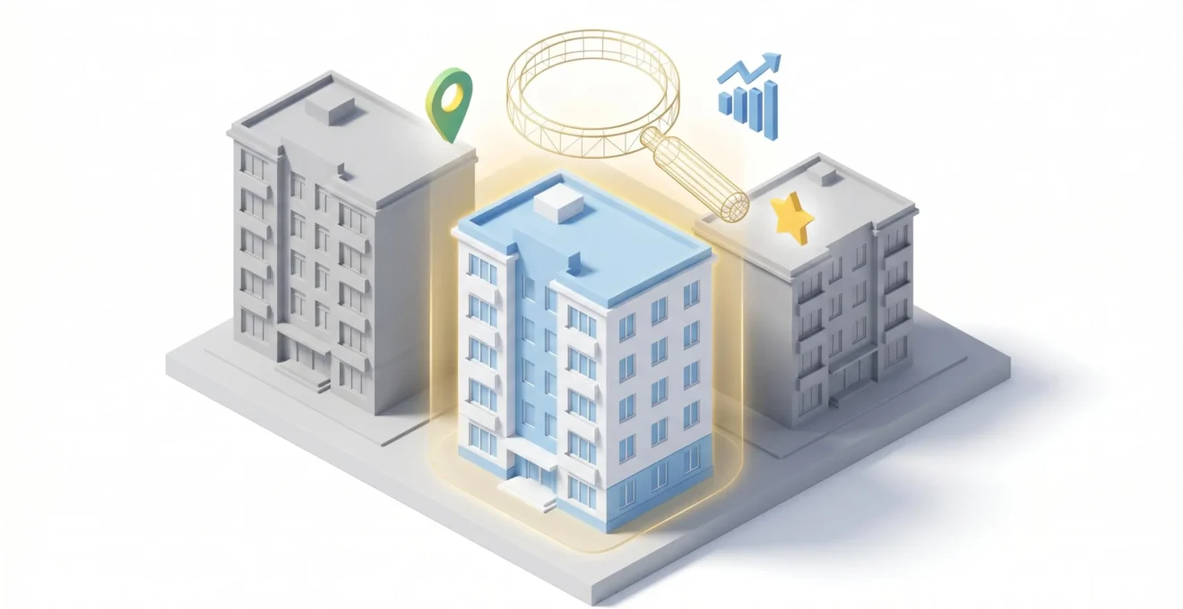 Illustration isométrique d'immeubles avec un bâtiment central mis en avant par une loupe et des icônes de critères de sélection.