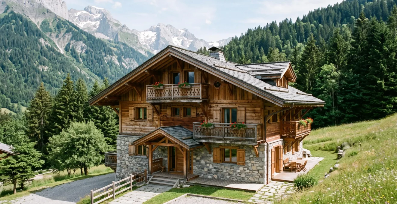 Chalet savoyard traditionnel à Samoëns montrant l'architecture typique en bois et pierre
