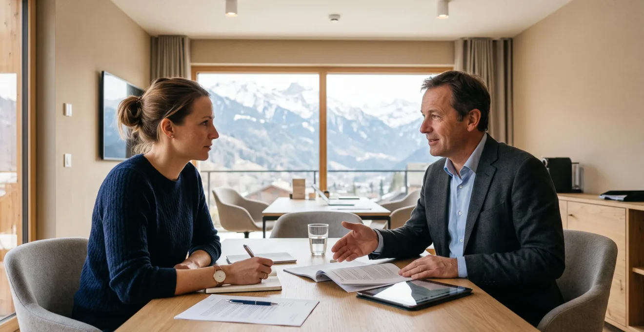 Conseiller professionnel en consultation avec un client suisse sur l'acquisition immobilière à Samoëns