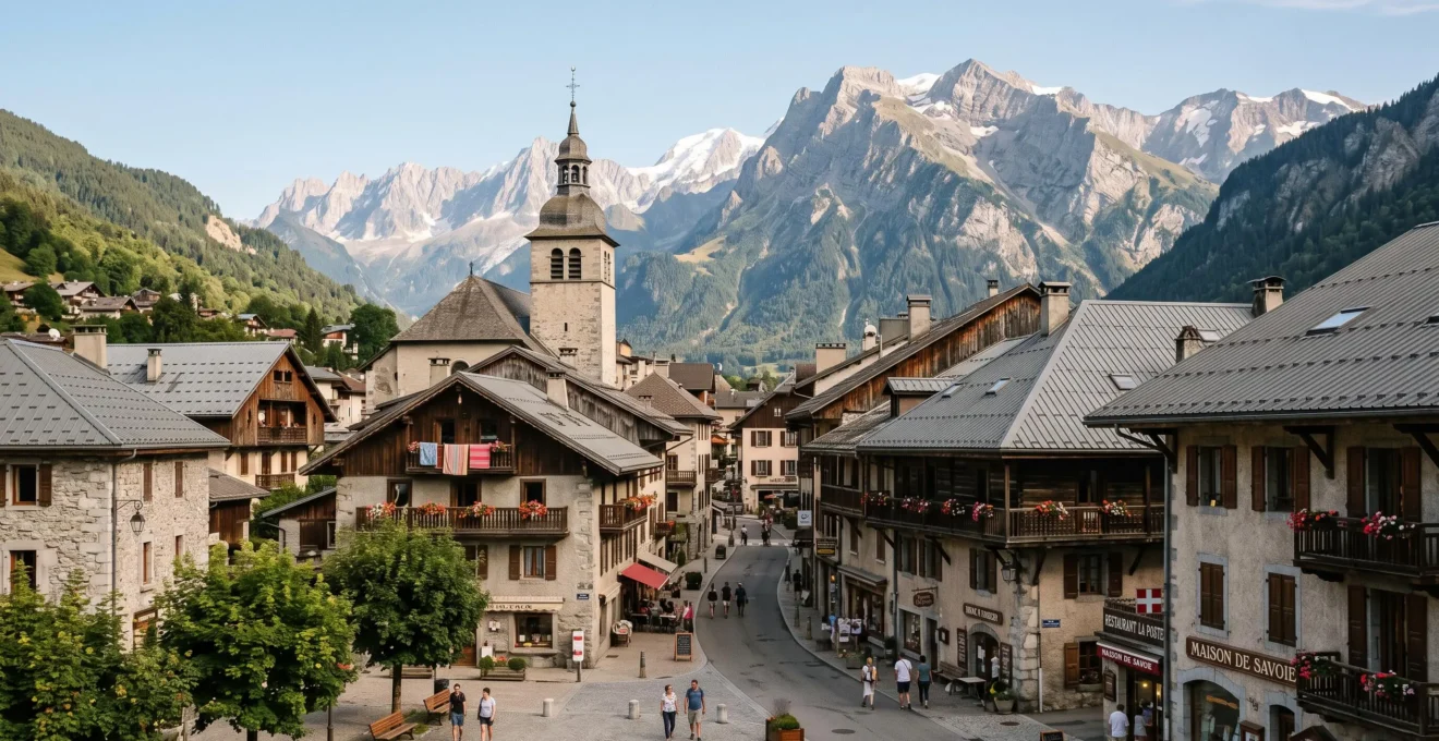 Vue du village de Samoëns avec son architecture savoyarde traditionnelle et les montagnes du Grand Massif en arrière-plan