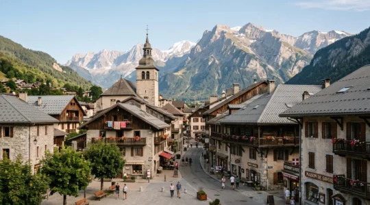 Vue du village de Samoëns avec son architecture savoyarde traditionnelle et les montagnes du Grand Massif en arrière-plan