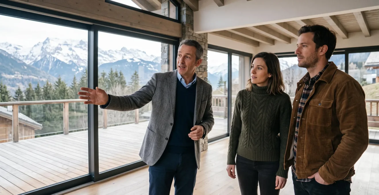 Agent immobilier présentant un bien de montagne à des clients potentiels à Samoëns